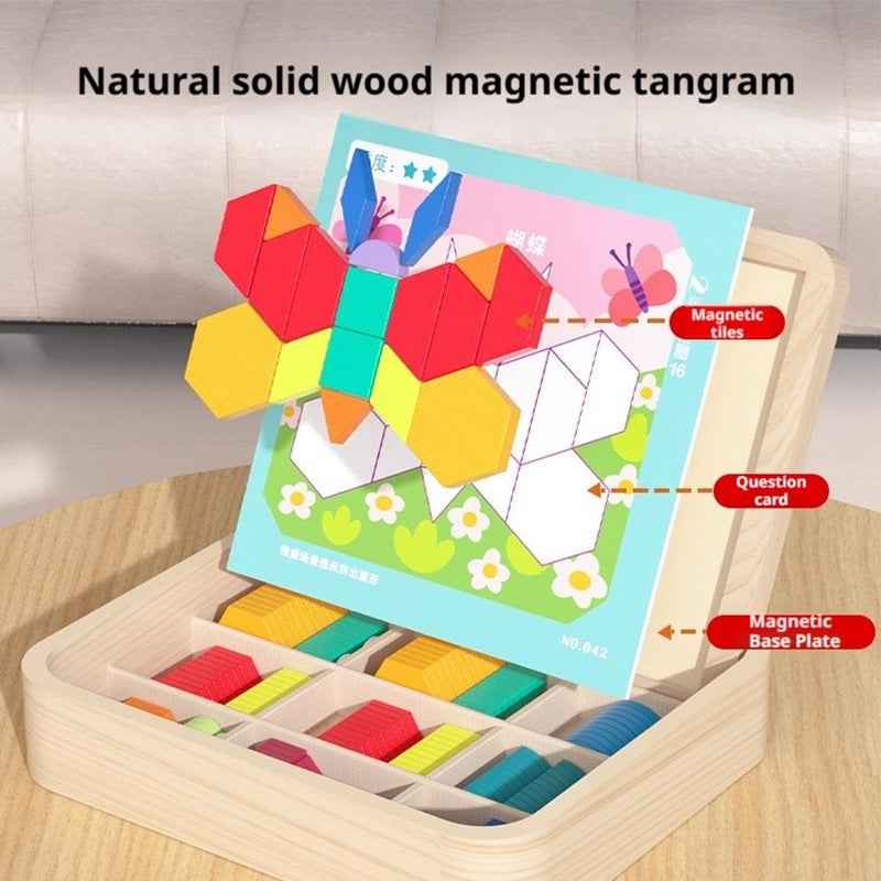 Brain Blocks, Tangram Puzzle Set, Magnetic Geometric Pieces, Double-Sided Board, Wooden Storage Box, 220 Pieces and Challenge Cards, for Creative Learning and Skill Development - Image 5